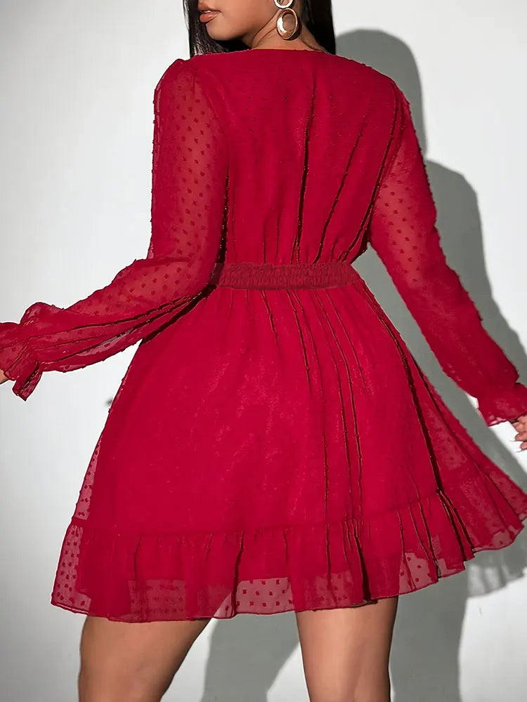 Neues sexy V-Ausschnitt Kurzarmkleid Übergröße Uni Polka Dot Langarm Amerikanischer schmaler A-Linien-Rock elegantes Party-Damenabendkleid