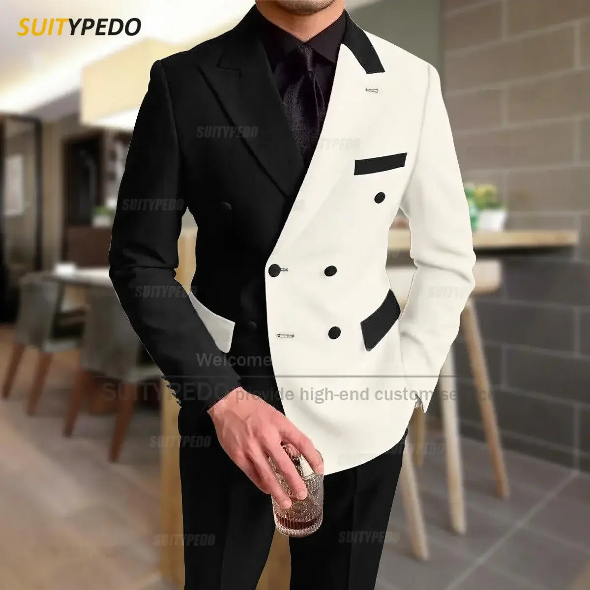 Mode Schwarz-Elfenbein-Spleiß Herrenanzug Lässige Party Klassische Zweireiher Jacke Abendessen Eleganter Blazer Hosen Outfits
