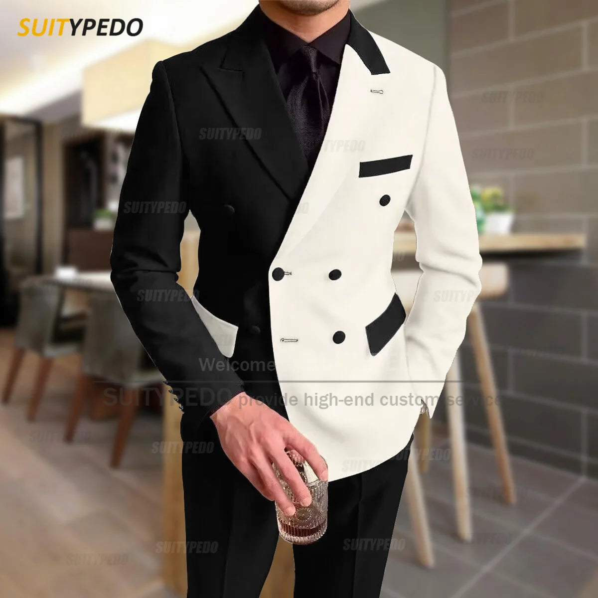 Fashion Black Ivory Splicing Men Suit Casual Party Classic Double Breasted Jacket Evening Dinner Elegant Blazer Pants Outfits