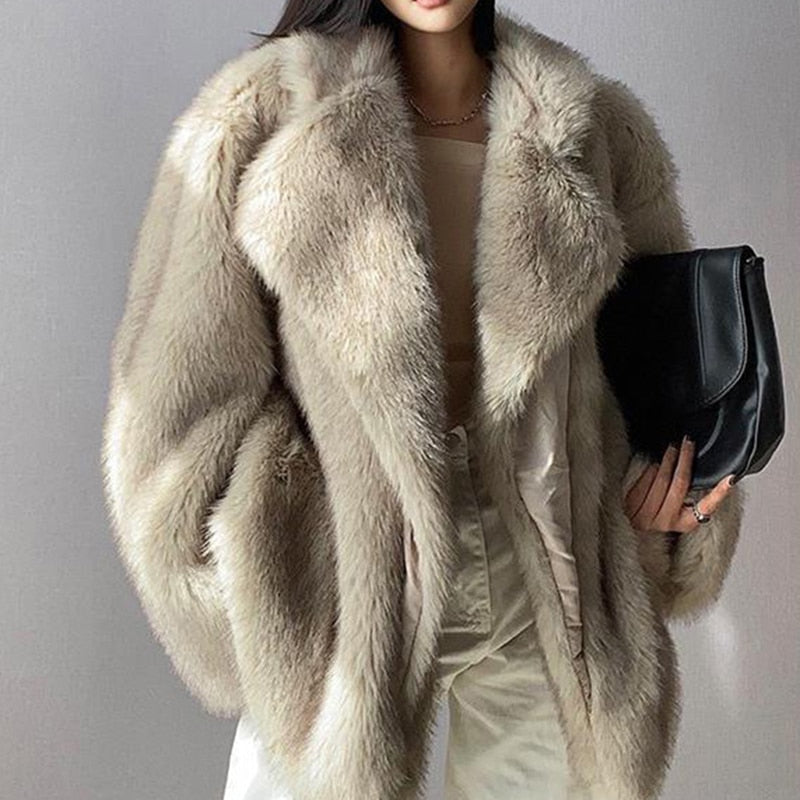 Faux Fox Fur Coat Women 2022 New Winter Warm Cardigan Jacket Lambswool Mid-Length Lapel Loose Plush Coat Oversized Teddy Jacket