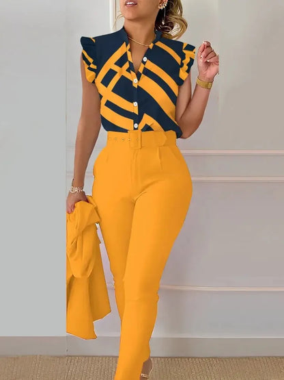 Spring Summer Women's New Printed Lotus Leaf Sleeveless Shirt Suit Elegant Slim Femal Office  Long Pants Belt Two Piece Set