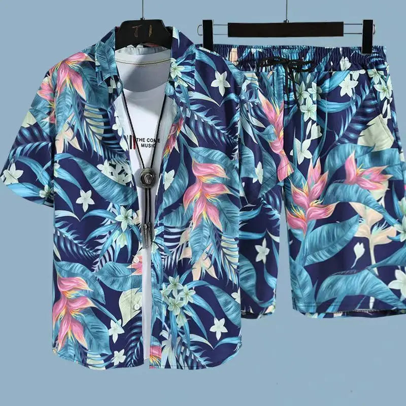 Comfortable flower grass leaf coconut tree 3D Print shirt +Shorts Two Piece Set Short Sleeve Flip collar shirts half pants