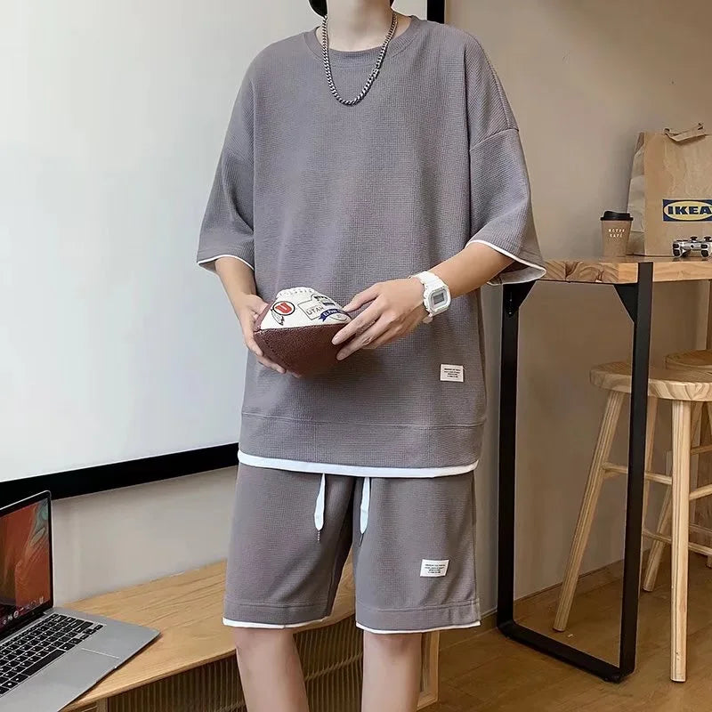 New Summer Men Waffle Sets Casual T-Shirt and Shorts Set Male Sports Suit Solid Color Tracksuit Loose Suits Size 5XL