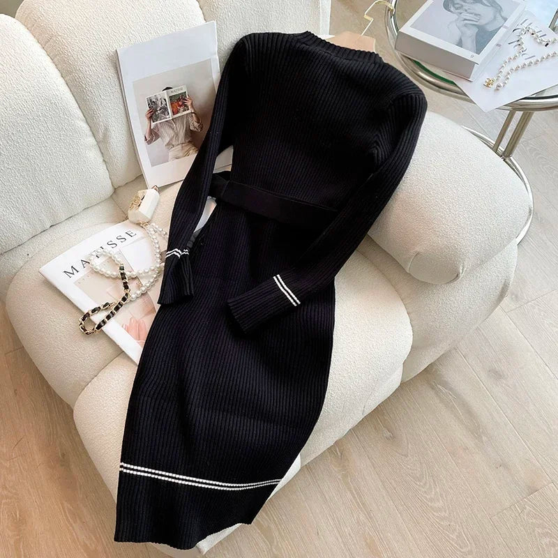 2024 New Autumn Winter Women Knitted Dress Brand Fashion O-neck Buttons Bodycon Sweater Dress with Belt Lady Office Dress