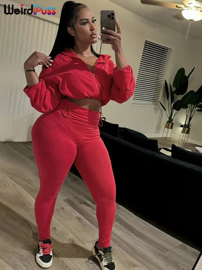 Weird Puss  Autumn Women 2 Piece Set Casual Tracksuit Zipper Thin Drawstring Jacket+Leggings Matching Streetwear Sporty Suit