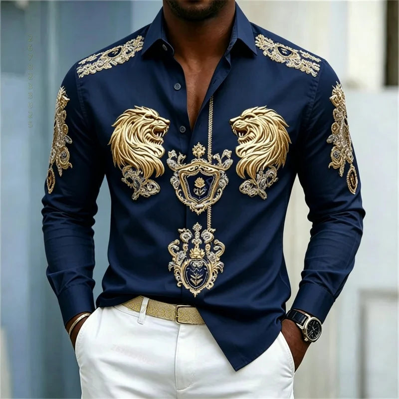 Men's shirt Baroque style shirt Lion head slim fit design long sleeved shirt Business casual street style men's clothing XS-6XL