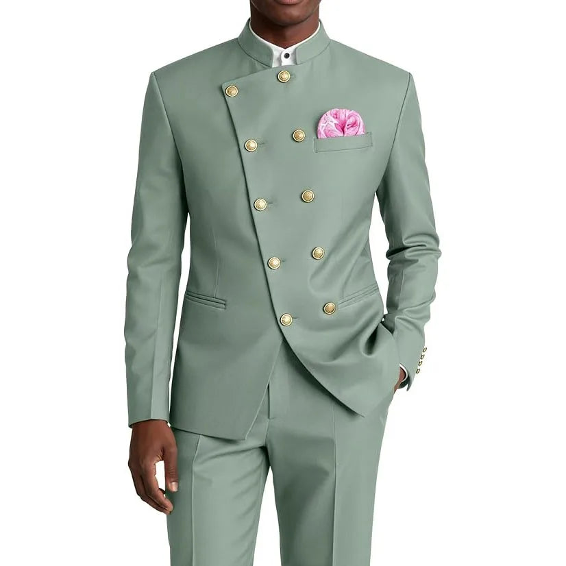 Men's Business Casual Suit 2 Piece Brown Mandarin Collar Double Breasted With Gold Buttons