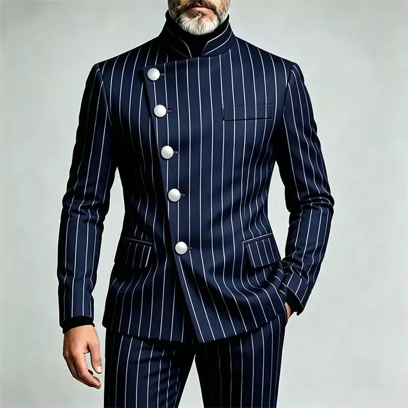 Men's Pinstripe Business Suits Single Breasted Stand Collar Slim Fit Suit Jacket Pants 2 Pieces Formal Tuxedo for Wedding Party