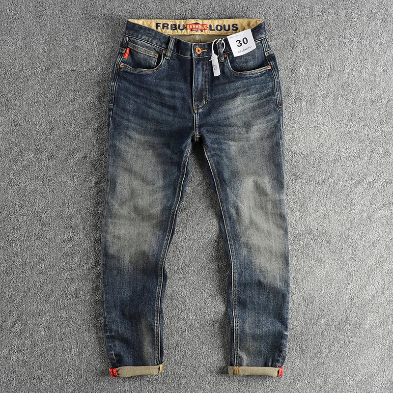 Waist Printed Retro Denim Jeans Men Clothes Cargo Pants Washed Distressed Trousers Roll Up Fashion Casual Wear Straight Oversize