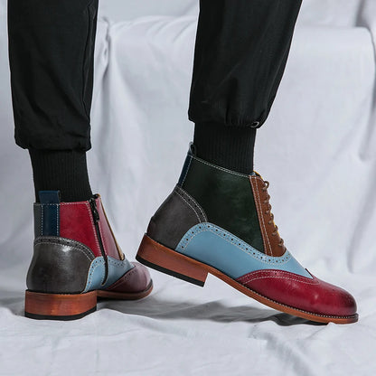 Luxury Fashion Men Leather Boots Flats British Style Sharp Pointed Color Matching Men Shoes Mens Slip-on Outdoor Flats Size 48