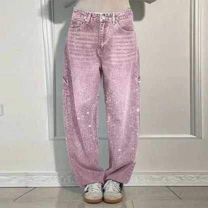 Shiny Rhinestone Baggy Women's Wide Leg Jeans Full Diamond Wide Leg Dragging Denim Pants Vintage Washed Pants Casual Trousers