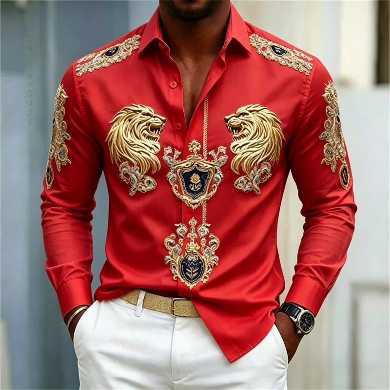 Men's shirt Baroque style shirt Lion head slim fit design long sleeved shirt Business casual street style men's clothing XS-6XL