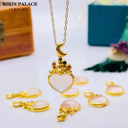 Authentic Real 18K Gold AU750 White Shell Castle Pendant Necklace Romantic Classic Gift Present For Woman Fine Jewelry