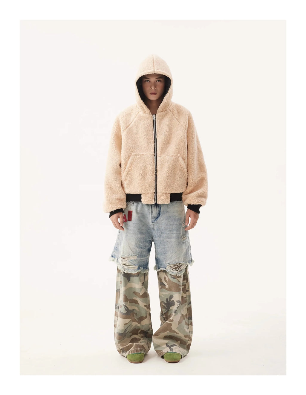 PFNW Niche Design Men's Jeans Washed Distressed Colorblock Splic Fake Two Piece Loose Straight Trousers Wide Leg Pants 28W5474