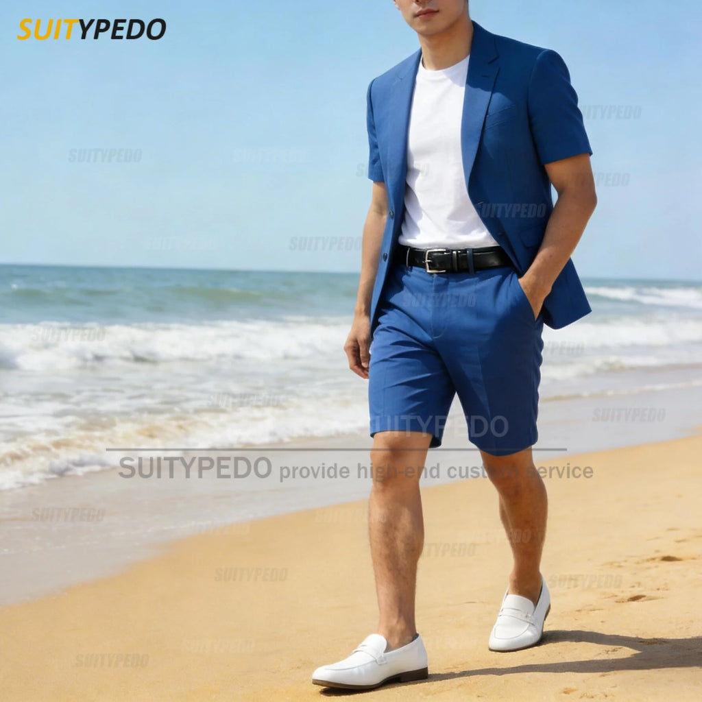 New Design Blue Short Sleeves Blazer And Shorts 2 Pieces Suit Sets For Men Summer Beach Holiday Casual Notch Lapel Suit Attire