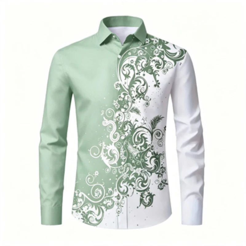Men's long sleeved shirt, European and American men's printed long sleeved shirt, collared European patterned shirt, trendy casu