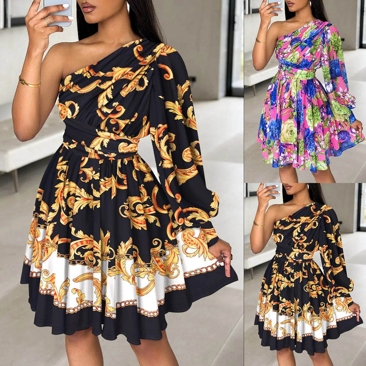 New Boho Print Women Dress Spring Fashion Sexy Off Shoulder Office Elegnat Casual Dresses Female Sweet Party Dress Robe Femme