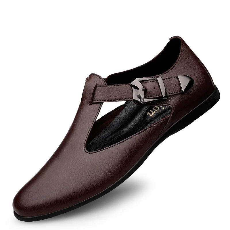 Summer Men Genuine Leather Breathable Sandals New Design Fashion Casual Black Brown Slip on Sandals Leather Sandals  Men's Flats