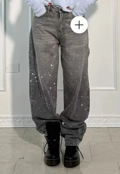 Shiny Rhinestone Baggy Women's Wide Leg Jeans Full Diamond Wide Leg Dragging Denim Pants Vintage Washed Pants Casual Trousers