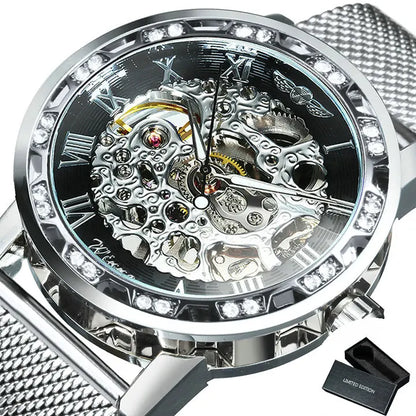 WINNER Classic Retro Mechanical Watches Luxury Iced Out Blue Skeleton Watch for Men Luminous Hands Mesh Stainless Steel Strap