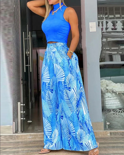 Women Two Piece Pant Sets Sleeveless Turtleneck Tops Pockets Wide Leg Pants High Waist Trousers Suit Elegant Office Ladies