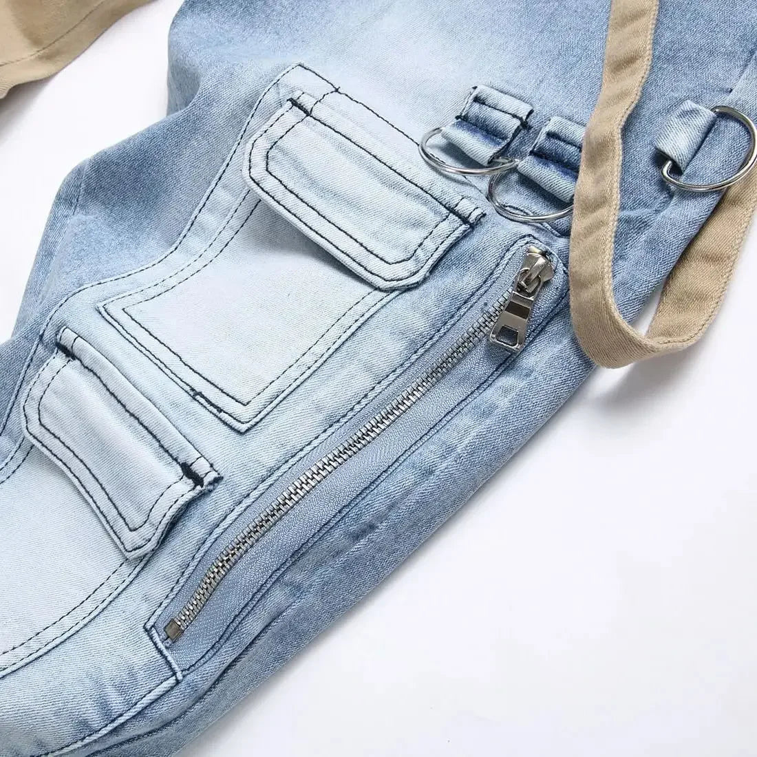 Large Pocket Double Button Jeans Men's Panel Pants Heterochromatic Legs Holes 3D Cotton Zipper Fit Elastic High Street Pendant 2