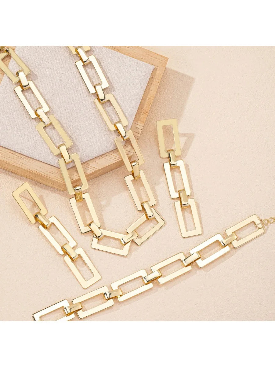3/4PCS Stainless Steel Fashion Gold Color Geometric Chain Hollow Necklace Bracelets For Women Girl New Fashion Non-fading Set