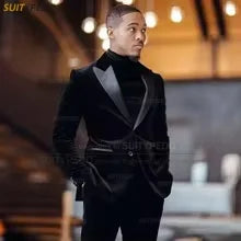 Fashion Black Velvet Men Suits Slim Fit Blazer And Pants 2 Pieces Tailor-made Latest Luxury Business Party Tuxedos for Men