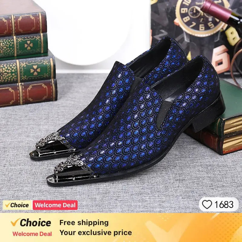 2024 Western Mode Spitz Zehen Metall Abendkleid Schuhe Blau Grau Party Hochzeit Lederschuhe für Herren