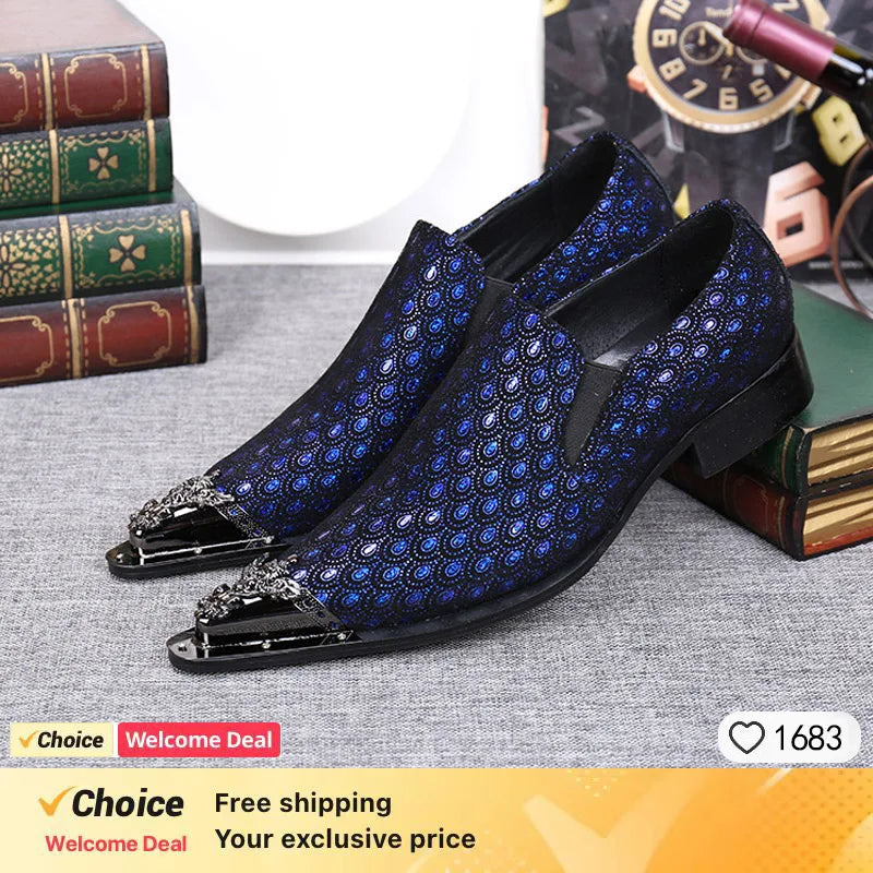 2025 Western Fashion Pointed Metal Toe Dress Shoes Blue Grey Party Wedding Leather Shoes for Men