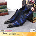 2025 Western Fashion Pointed Metal Toe Dress Shoes Blue Grey Party Wedding Leather Shoes for Men