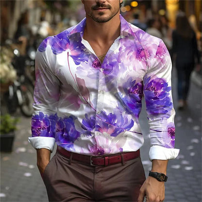 New men's casual 3D printed leaf print shirt for daily wear, spring lapel long sleeved button up shirt S-6XL plus size