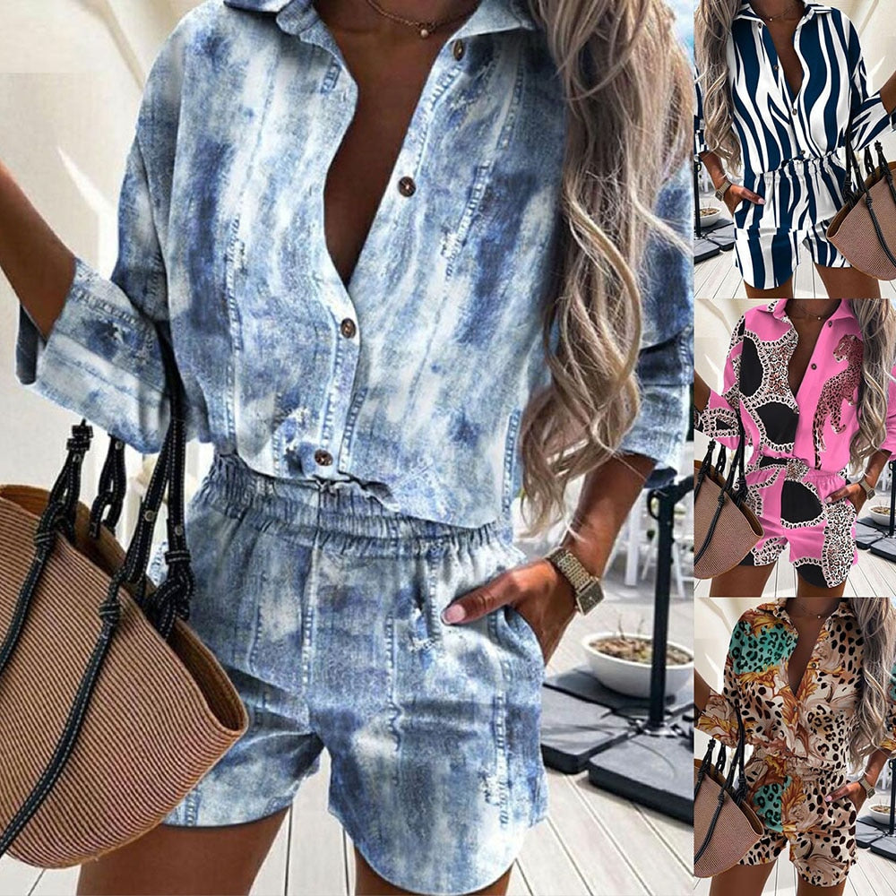 Casual Two Piece Sets Womens Outfits 2023 Spring Leopard Print Button Shirt Top And Shorts 2 Piece Set Summer Beach Shorts Women