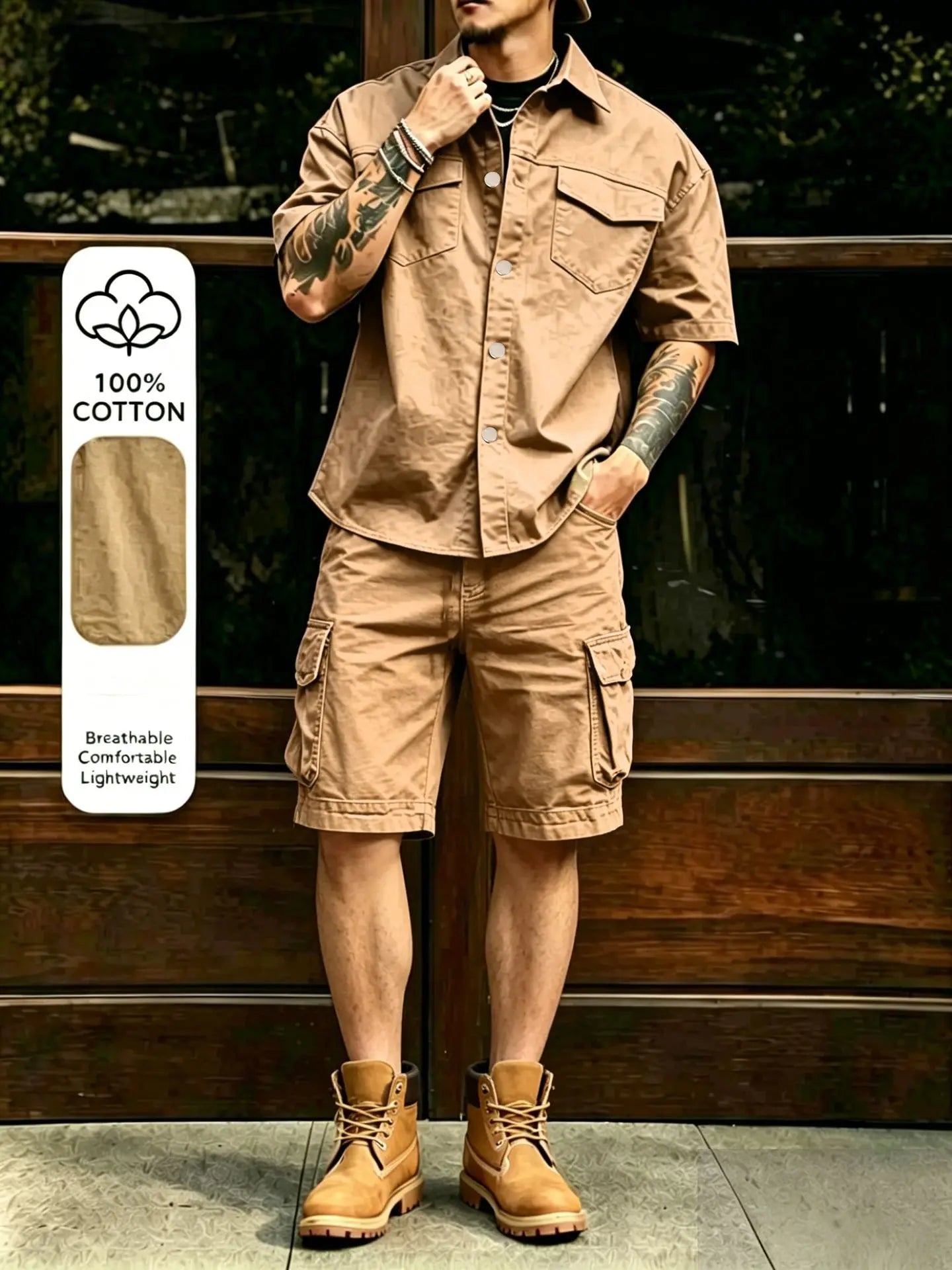 2026 Male Vintage Mens Multi Pocket Outfits Stylish Men Patchwork Shirt Shorts Sets Outdoor Casual Short Sleeve Two Piece Suits