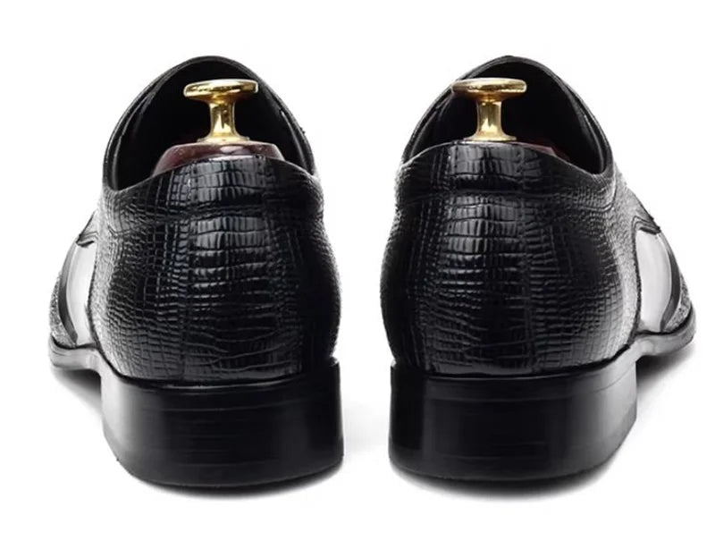 Elegante Herren-Lederschuhe, spitze Zehenpartie, Schnürung, Krokodilmusterprägung, Echtleder, formelle Schuhe, Hochzeitsschuhe, Gesellschaftsschuhe
