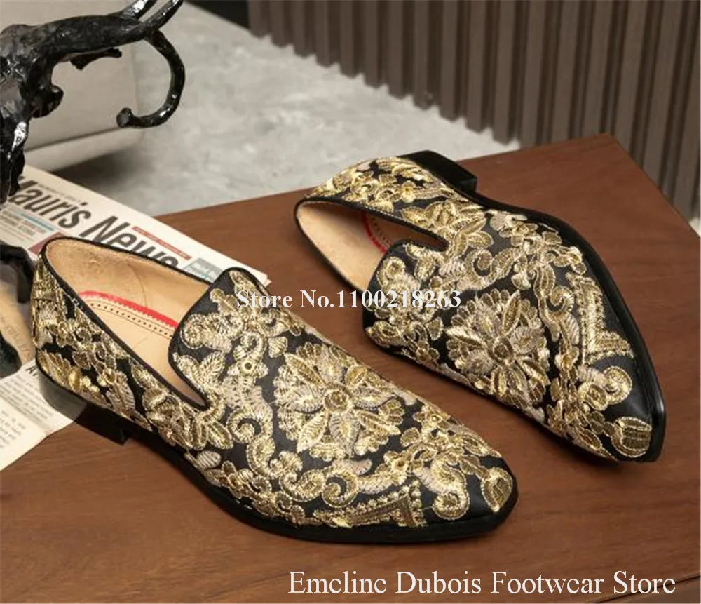 Newest Men Gold Embroidery Loafers Emeline Dubois Round Toe Printed Slip-on Flat Leisure Shoes Men Men Party Shoes