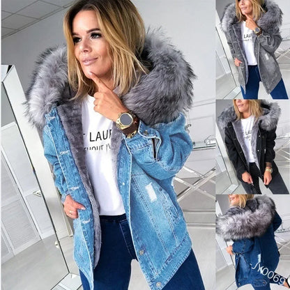 Autumn Women Fashion Denim Coats Retro Big Fur Collar Denim Jacket Temperament Hole Distressed Stitching Jackets Coat