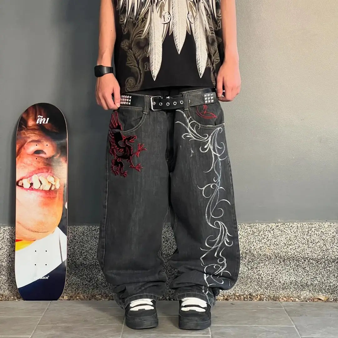 Y2K New Street Harajuku Pattern Jeans Black Baggy Jeans Hip Hop Retro Style Denim Pants Men's and Women's High Waist Wide Pants