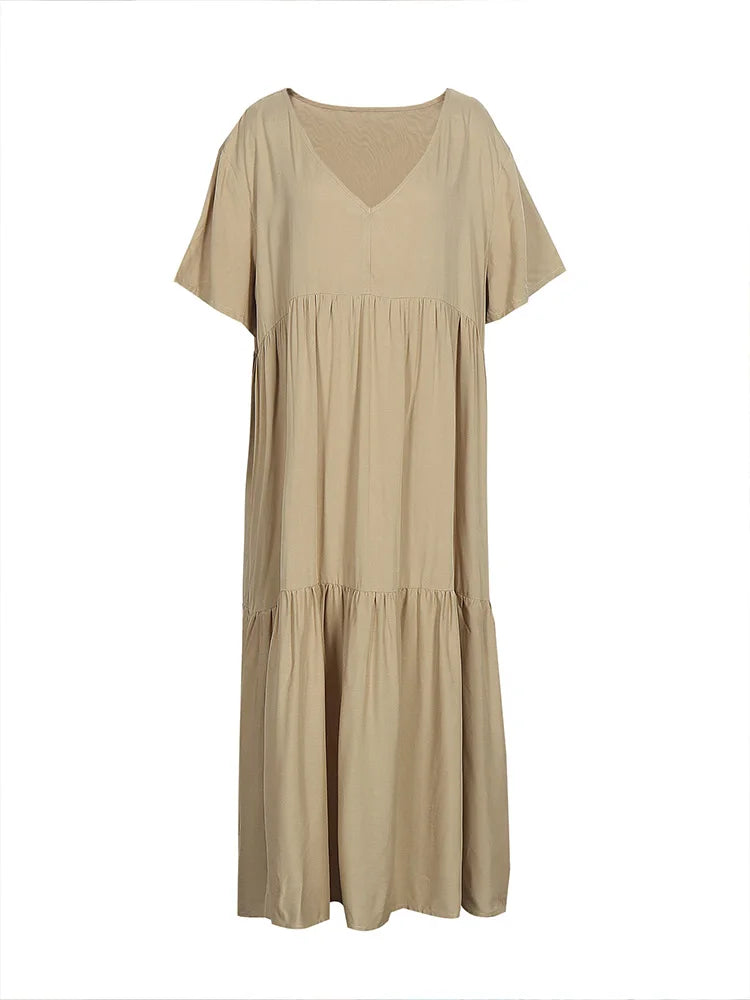 Damen Übergröße Lässiges lockeres V-Ausschnitt Einfarbiges langes Kleid Frühling Sommer Plissee Big Size Damenkleid