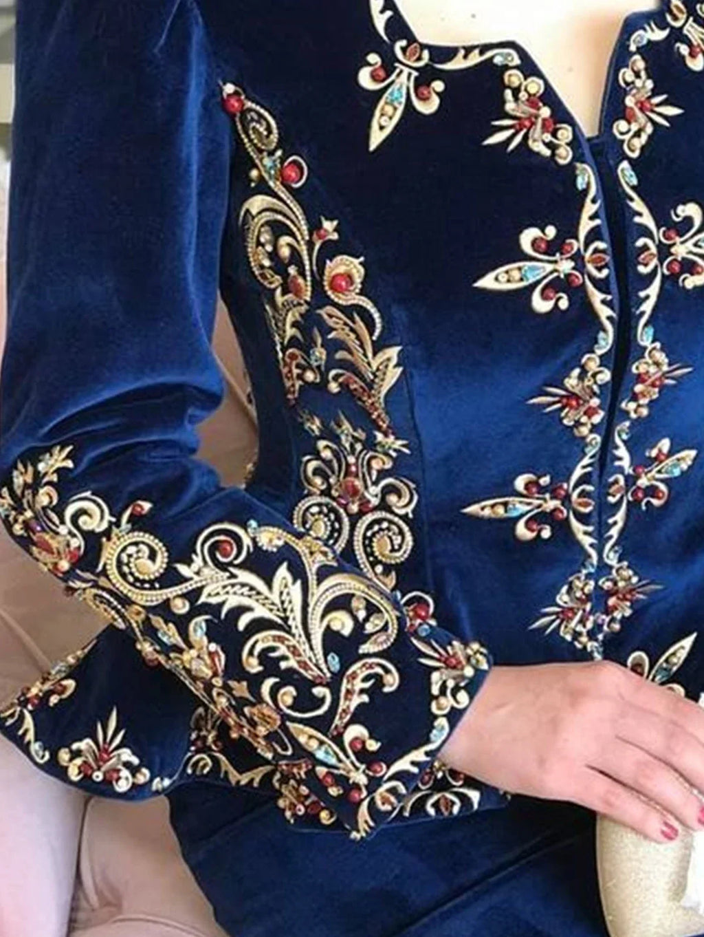 Elegant Chic Women Tops Floral Pattern Deep V Neck Slim Waist Peplum Long Sleeve Design Asymmetric Vintage Velvet Blouse