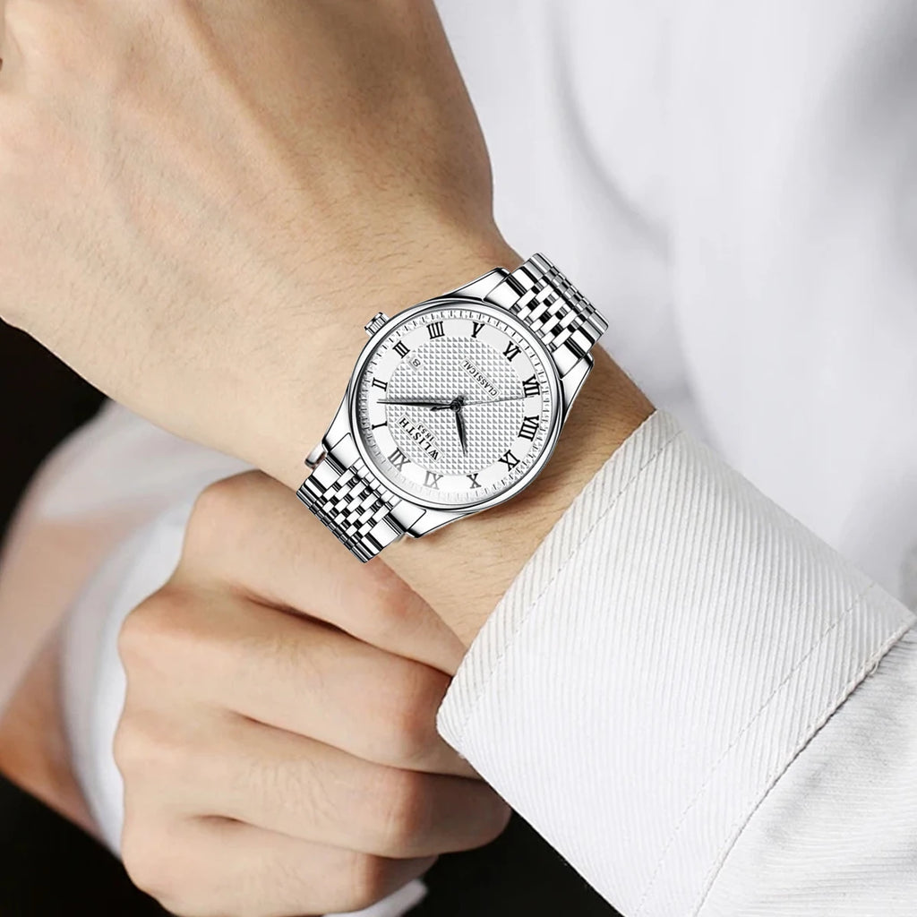 WLISTH Luxury Stainless Steel Watches for Man Waterproof Luminous Quartz Watches Roman Scale Wristwatch Date Week Men Watch