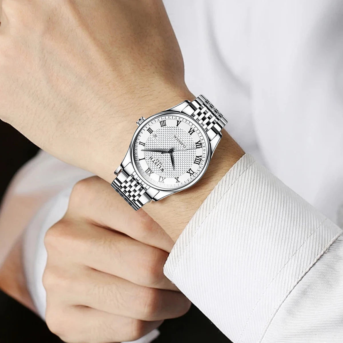 WLISTH Luxury Stainless Steel Watches for Man Waterproof Luminous Quartz Watches Roman Scale Wristwatch Date Week Men Watch