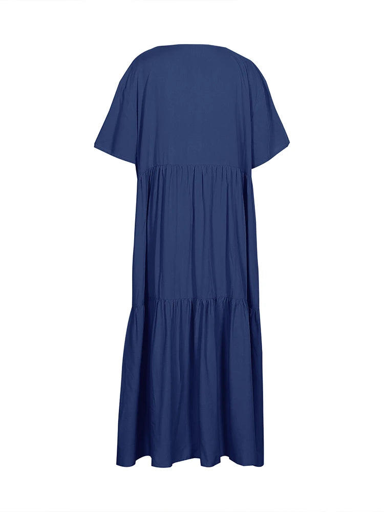 Damen Übergröße Lässiges lockeres V-Ausschnitt Einfarbiges langes Kleid Frühling Sommer Plissee Big Size Damenkleid