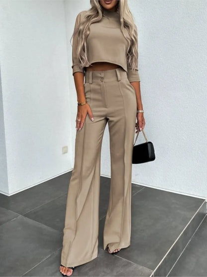Elegant Office Lady Suits Fashion Solid Color Two Piece Set For Women Casual Crop Top+high Waist Pants Women's Sets  Autumn