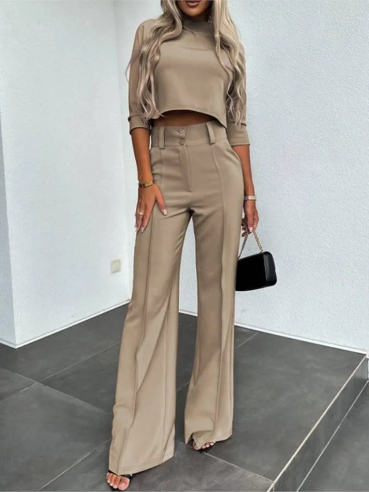 Elegant Office Lady Suits Fashion Solid Color Two Piece Set For Women Casual Crop Top+high Waist Pants Women's Sets  Autumn