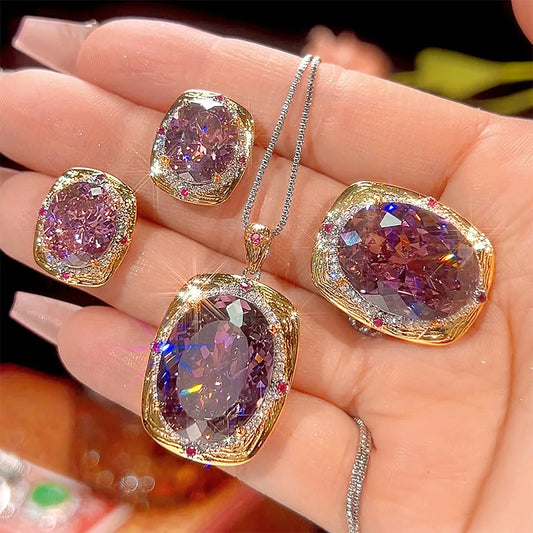 New copper plated platinum ring necklace earrings simulation bird's nest cut dried rose zircon jewelry light luxury high-end set