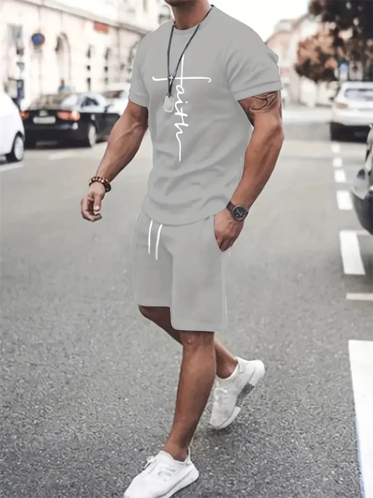 Mens T Shirt Shorts Set Fashion Mens Cross Printed Short Sleeve Two Pieces Oversized Outdoor Beach Sports Men's Plus Size Suit