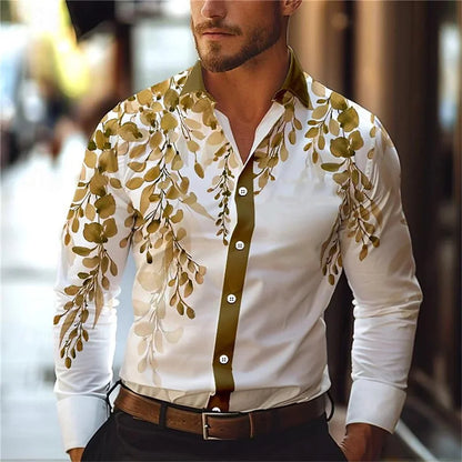 New men's casual 3D printed leaf print shirt for daily wear, spring lapel long sleeved button up shirt S-6XL plus size