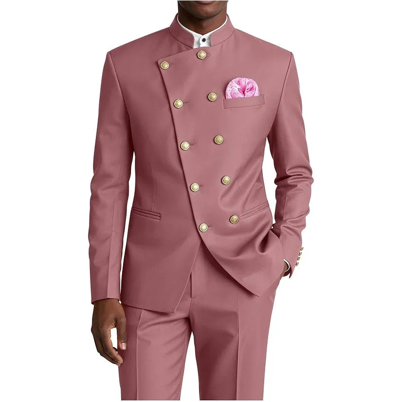 Men's Business Casual Suit 2 Piece Brown Mandarin Collar Double Breasted With Gold Buttons