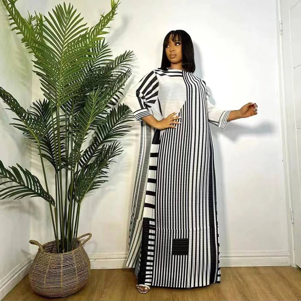 ANLAN Miyake Pleated Stripe Dress Fashion Relaxed Party Temperament Maxi Long Dresses 2024 Summer New Elegant Women's Clothing
